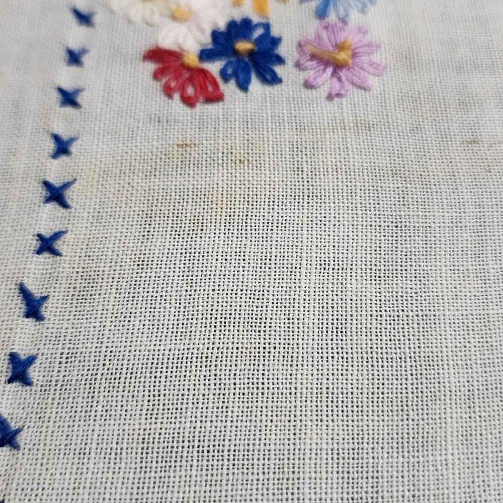 Antique Hand Embroidered Table Runner Bluebird Floral Crochet Lace Trim 36x11